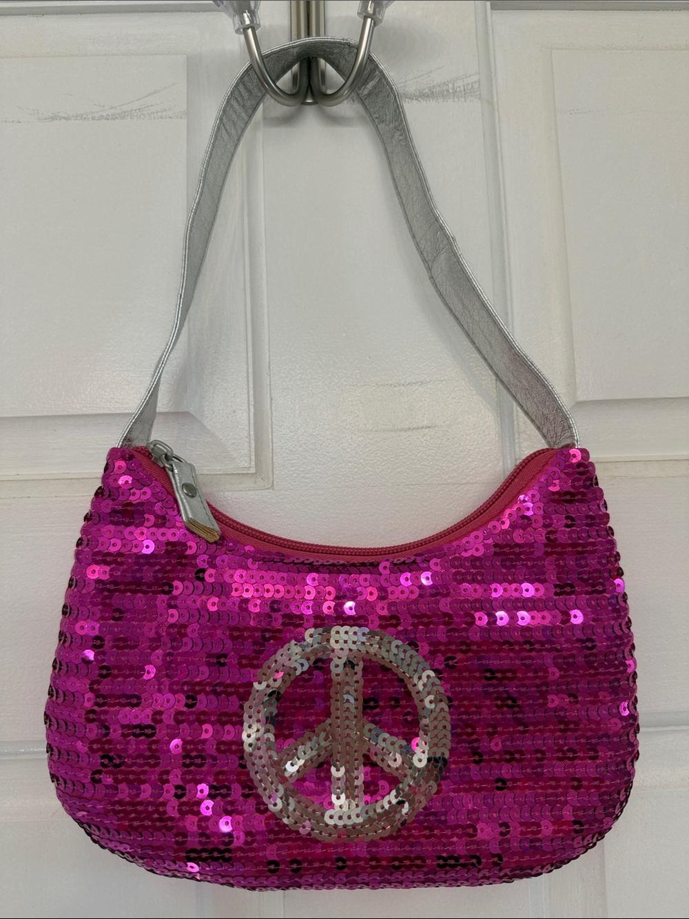Girls Sequin Pink Peace Sign Shoulder Bag with Silver Strap